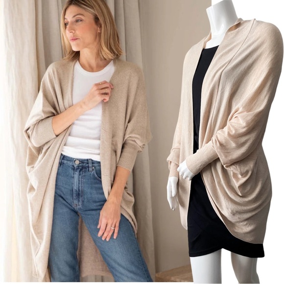 Kimono Dolman Wool Cotton Sweater Cardigan Beige Relaxed Boho Cottage Minimalist - Picture 1 of 8